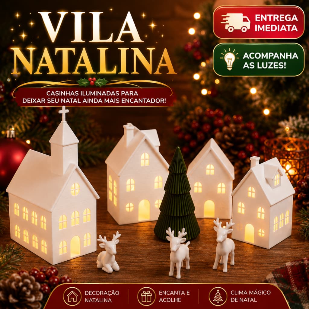 Vila Natalina com Luzes LED | Casinhas de Natal para Decoração de Mesa e Casa | Enfeite de Natal Lar
