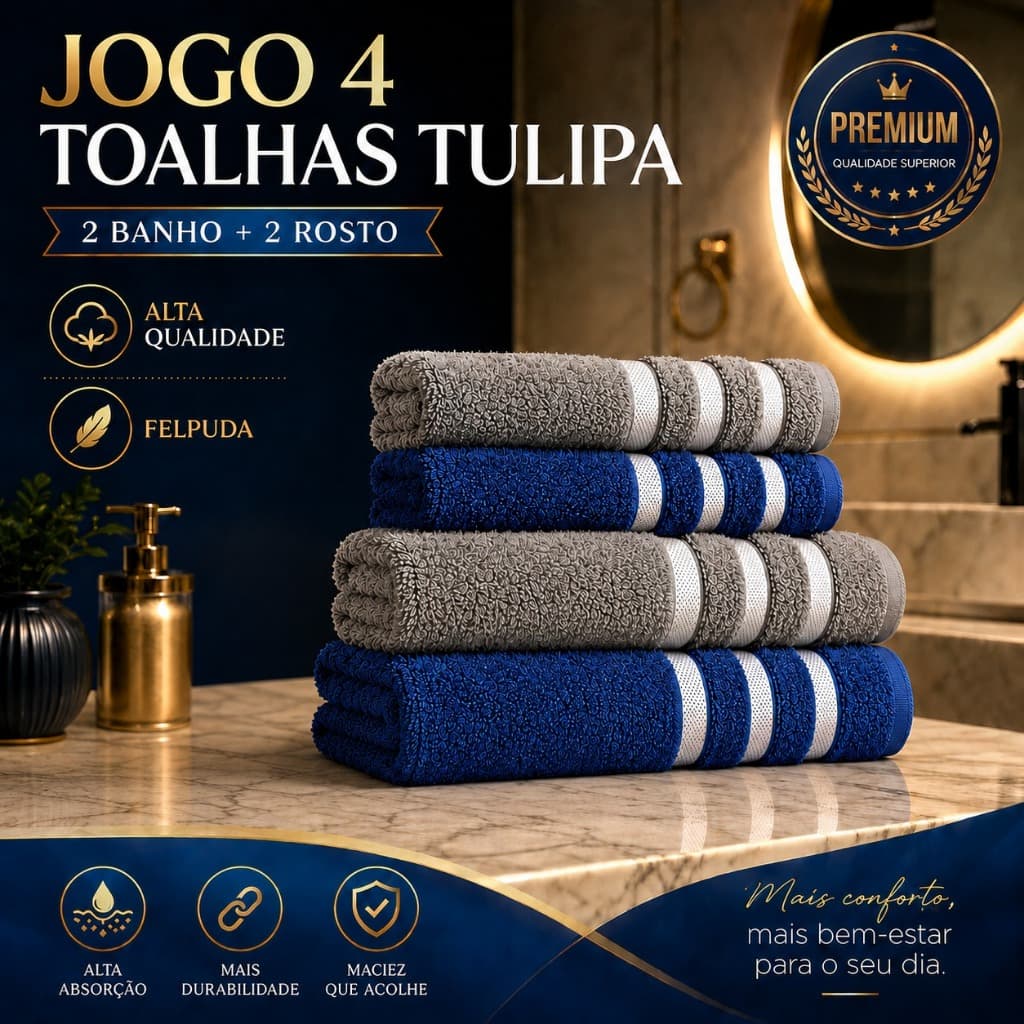 Jogo 4 Toalhas Tulipa 2 Banho + 2 Rosto Toalha Banhao Absorvente Felpuda