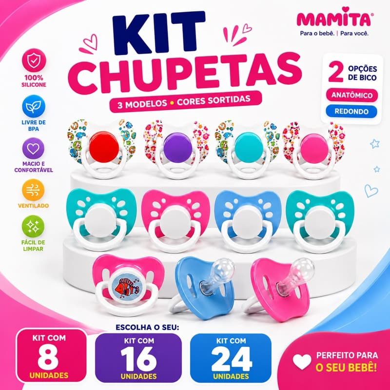 CHUPETA MAMITA KITS COM 08, 16 OU 24 UNIDADES  CHUPETAS BICO DE SILICONE MACIO  FORMATO REDONDO OU ANATÕMICO