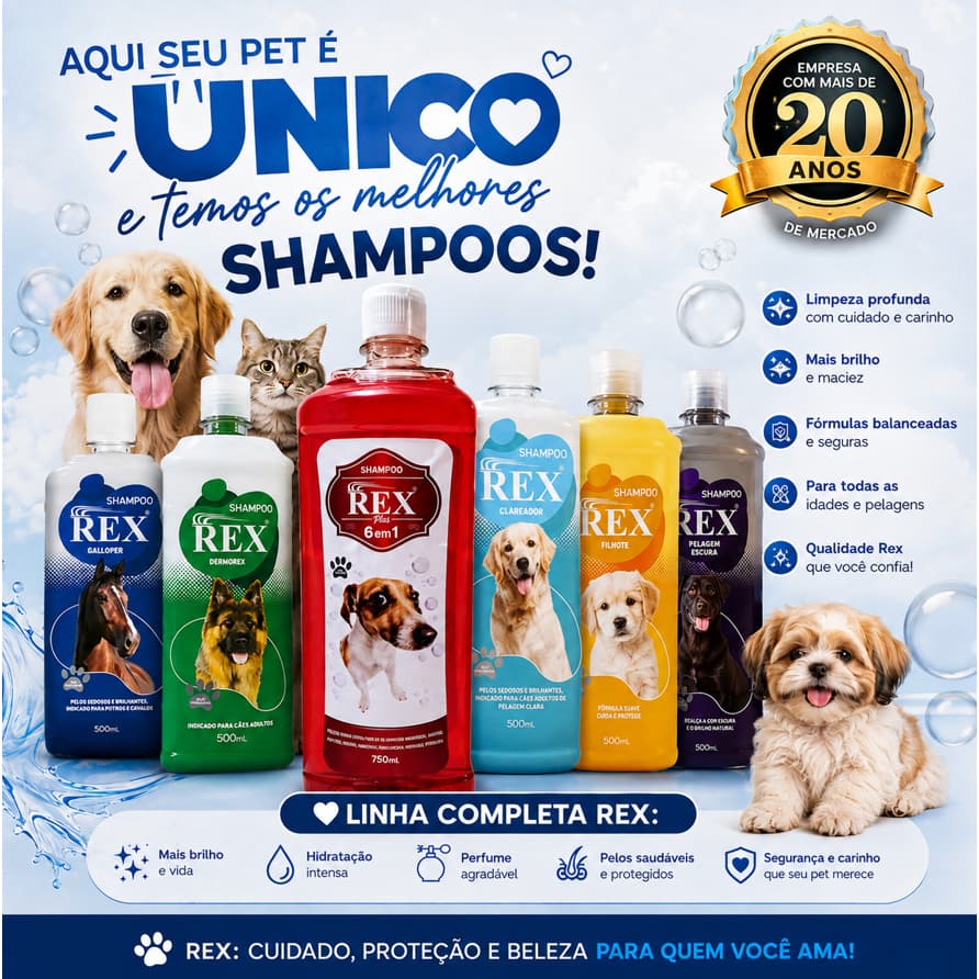 Shampoo Pet REX linha completa 6em1 Dermorex Clareador Filhote Galloper e Pelagem Escura