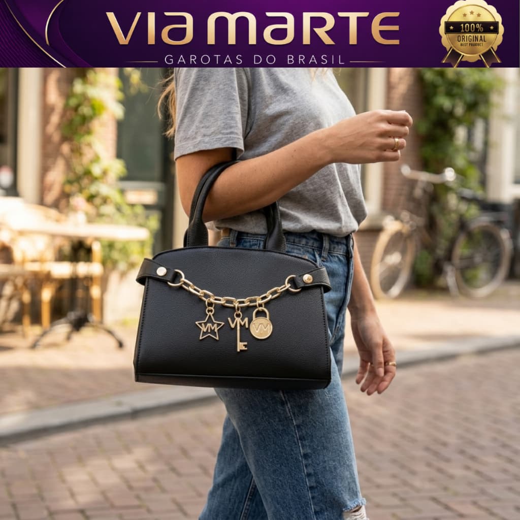 Bolsa Via Marte de Mão Feminina Moderna Pequena Detalhes Dourados com Pins Alça Ajustável B2-730-01 Original