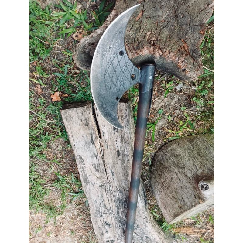 Machado Medieval Viking com Lâmina Lunar em Aço Carbono Forjado e Tratado