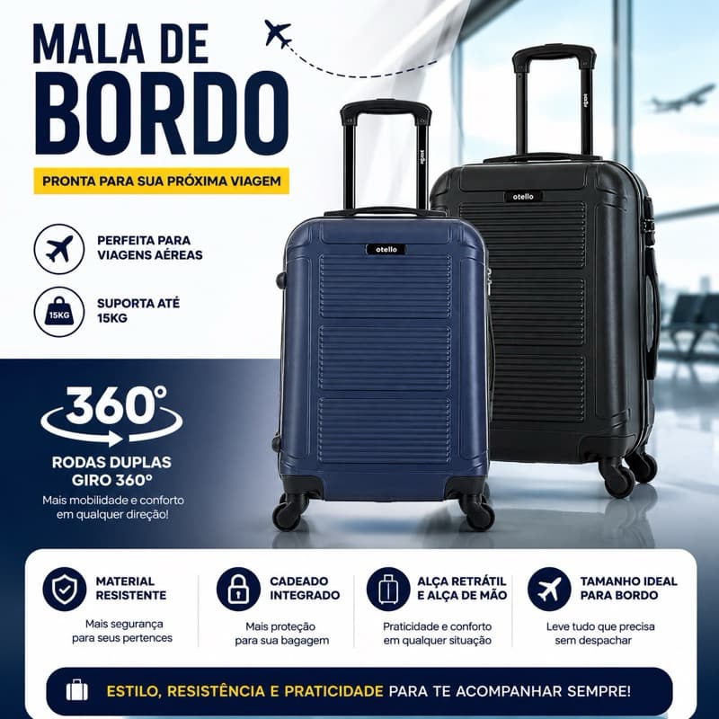 Mala de Bordo 15kg Viagem Cabine Rodas Duplas 360° Cadeado Integrado