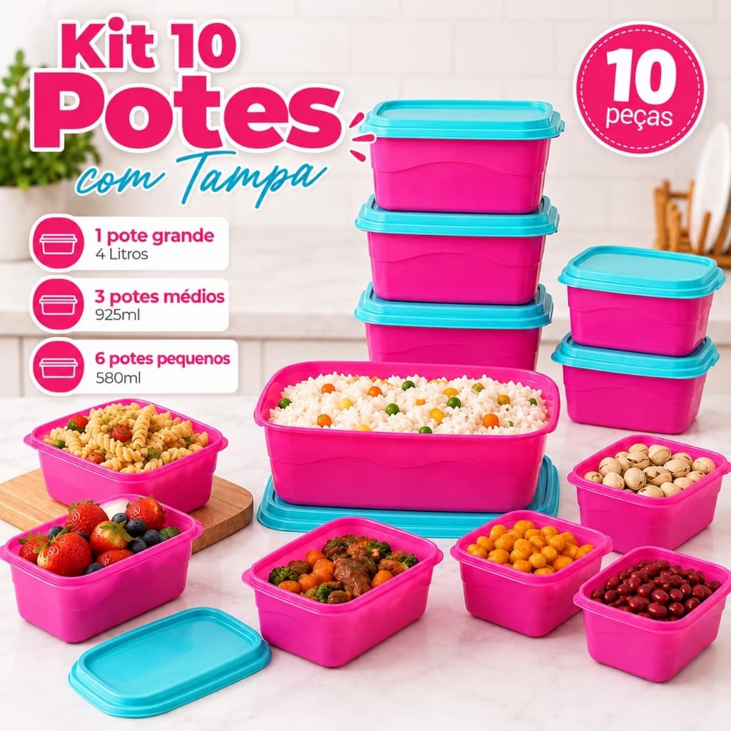 Kit 10 Potes com Tampa para Cozinha Organização Cozinha