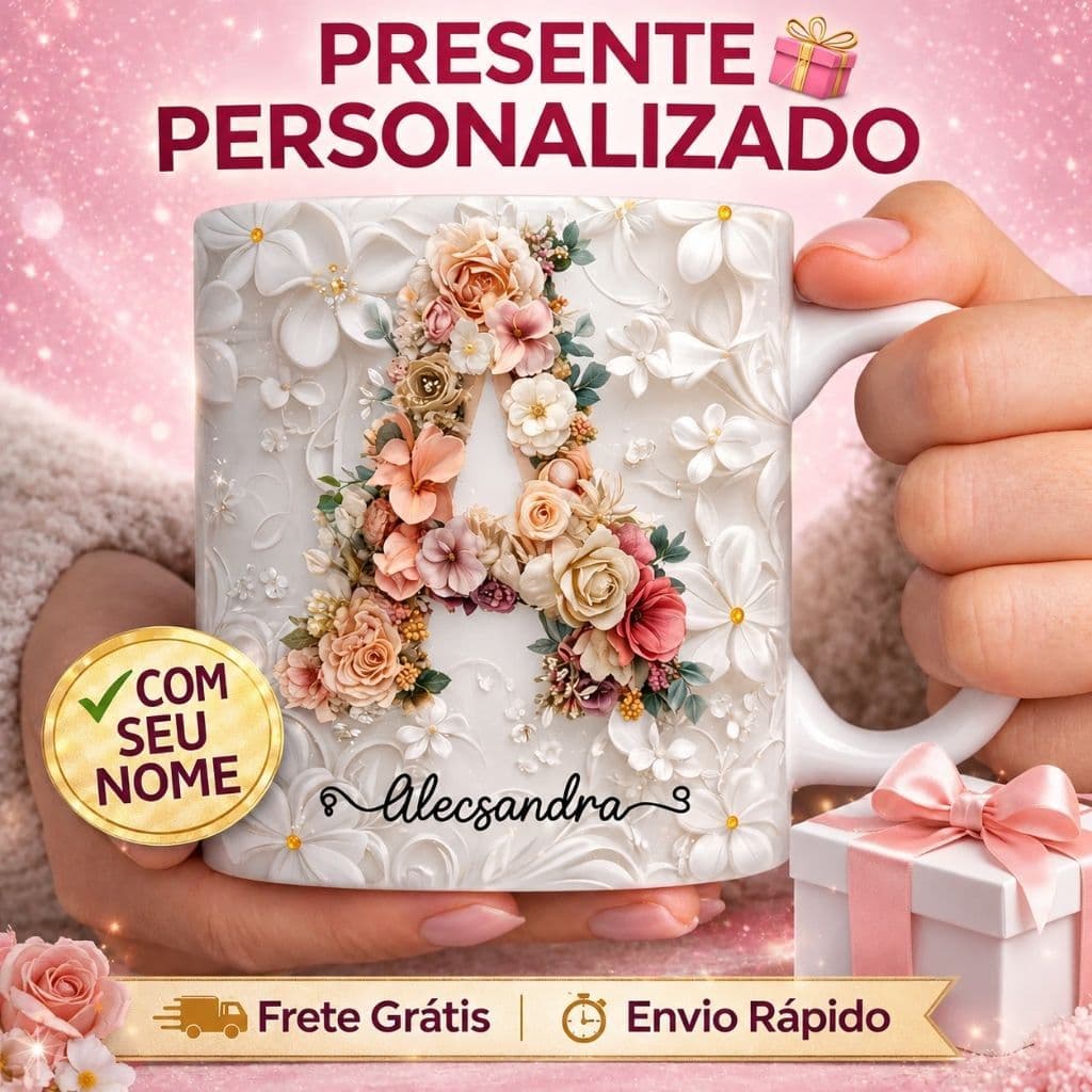 Caneca Xícara Personalizada com Seu Nome Letra Floral Presente com Criatividade Porcelana 325ml