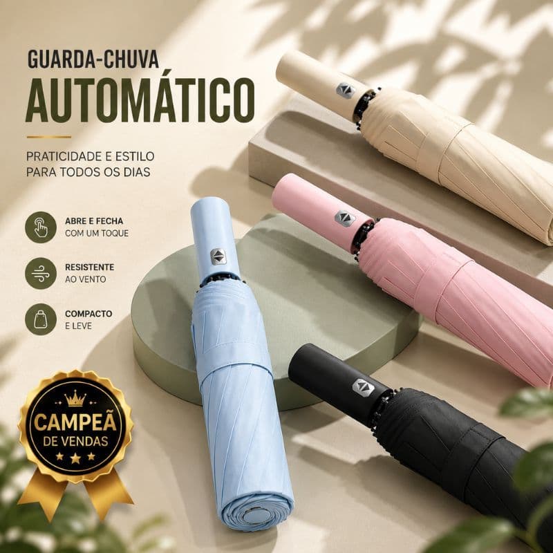 Guarda Chuva Reforçado Abre Automático Tecido Drop Dry Anti-Vento Sombrinha Sol