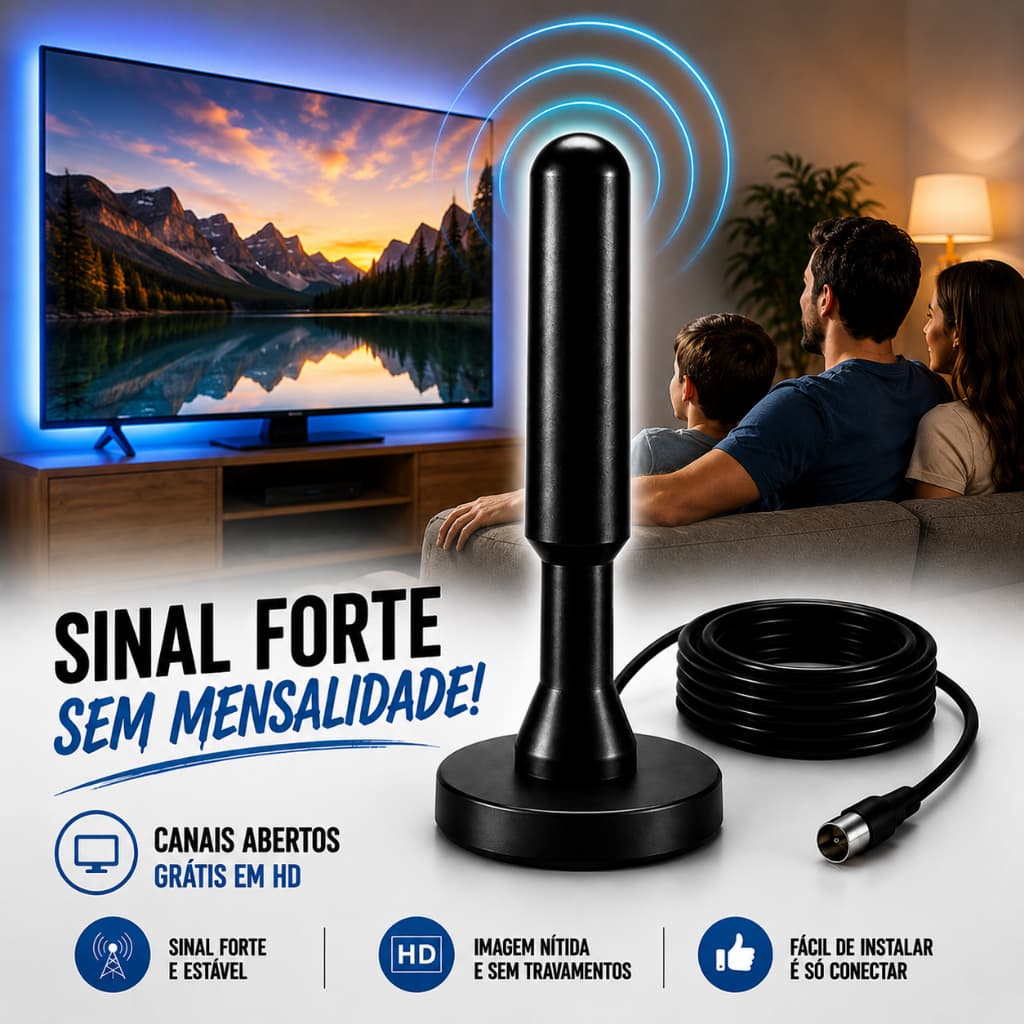 Antena Digital Interna TV Digital HDTV 4K Full HD 5m Cabo Longo UHF VHF Sinal Forte Canais Abertos Plug Play Smart TV