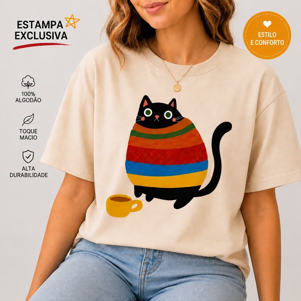 Camiseta Estampada Gato Preto Colorido Feminina Unissex 100% Algodão Casual Estilosa Envio Rápido