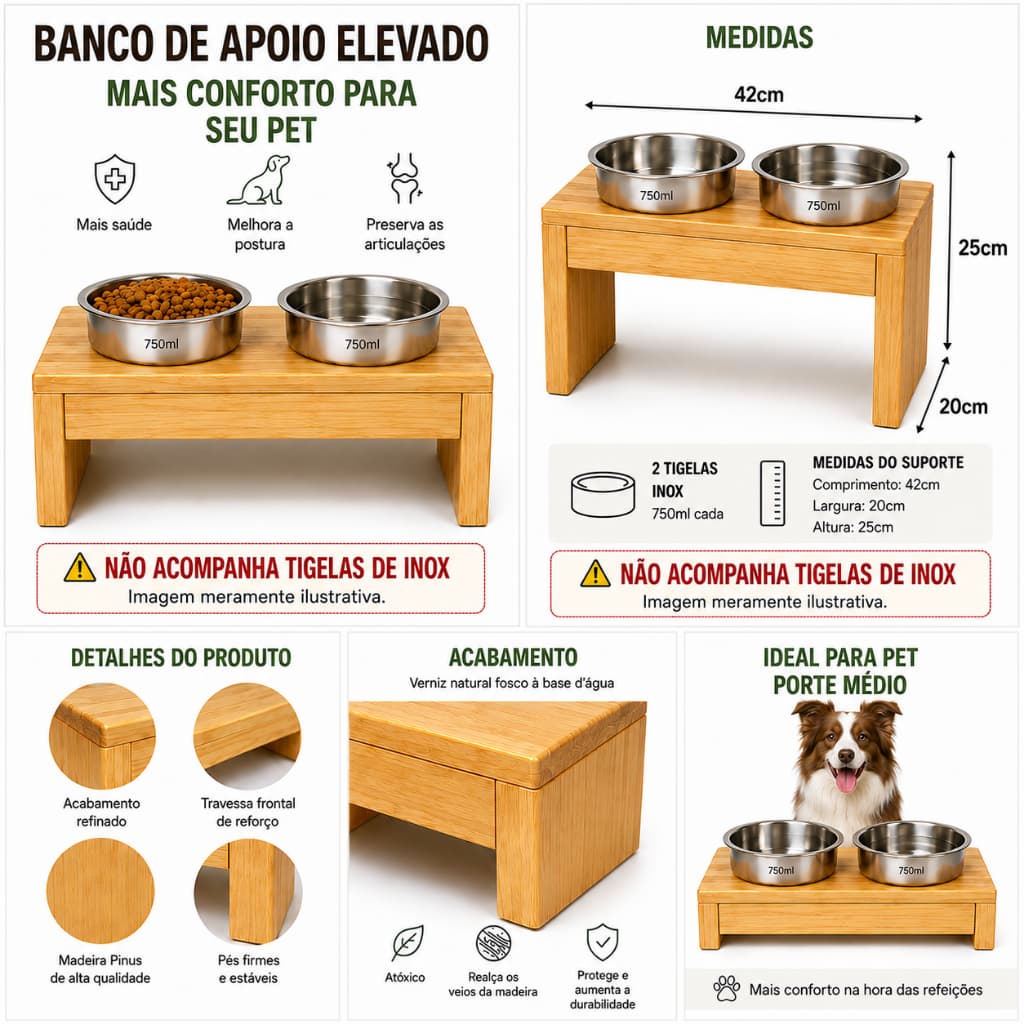 Banco Elevado Apoio Vasilha Pet Comedouro 25cm Altura Tigela