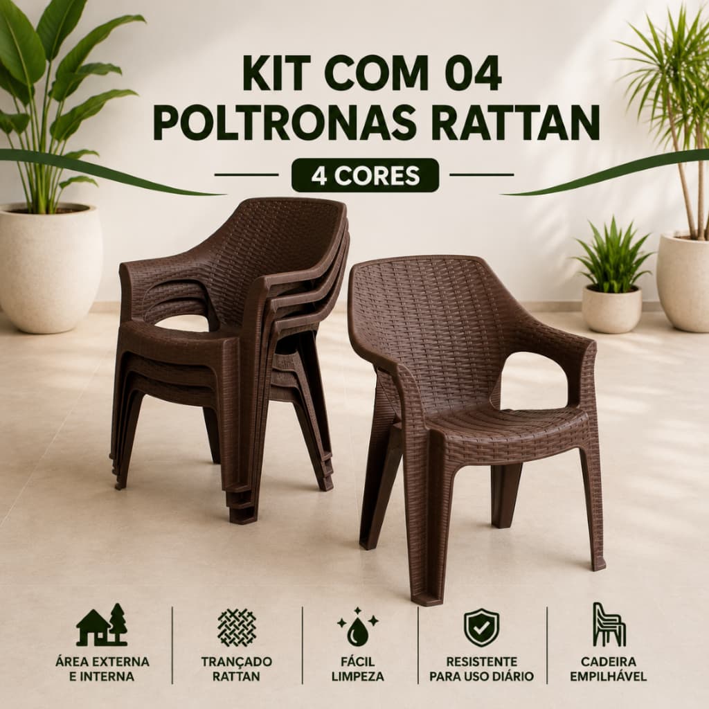 Kit 4 Poltrona Rattan Cadeira Reforçada Empilhável Escritório Varanda Piscina Sala Jardim Lazer Casa
