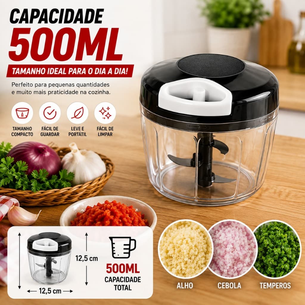 Mini Processador Triturador Manual de Alimentos 500ml 3 Lâminas Aço Inox Picador Moedor de Alho Cebola Legumes Temperos
