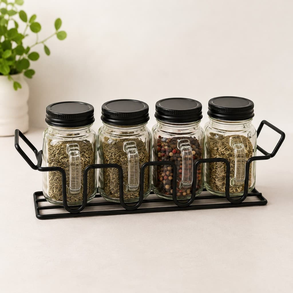 Kit Porta Tempero Cesto com Alça 4 Potes de Vidro 130ml com Tampa Organizador de Cozinha Temperos | Envio Imediato