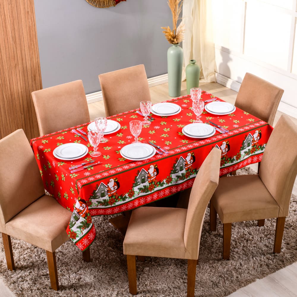 Toalha de Mesa Natal Estampada Oxford 100% Poliéster Mesa Posta Ceia Natalina 4 6 8 e 10 Lugares