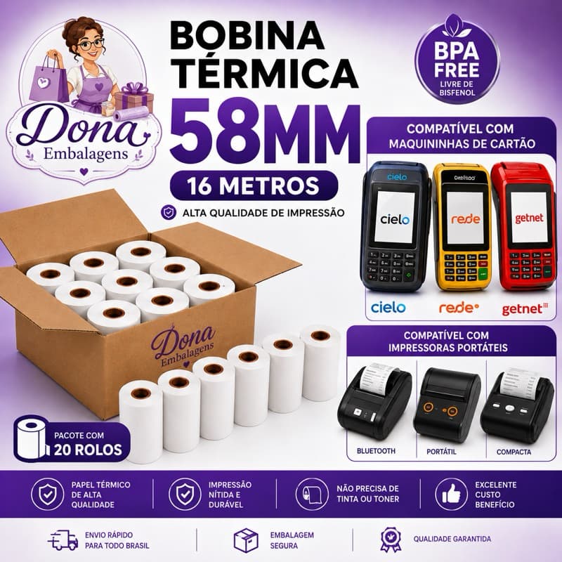 Bobina Térmica 58x16 Para Maquininhas de Cartão e Impressoras Portáteis