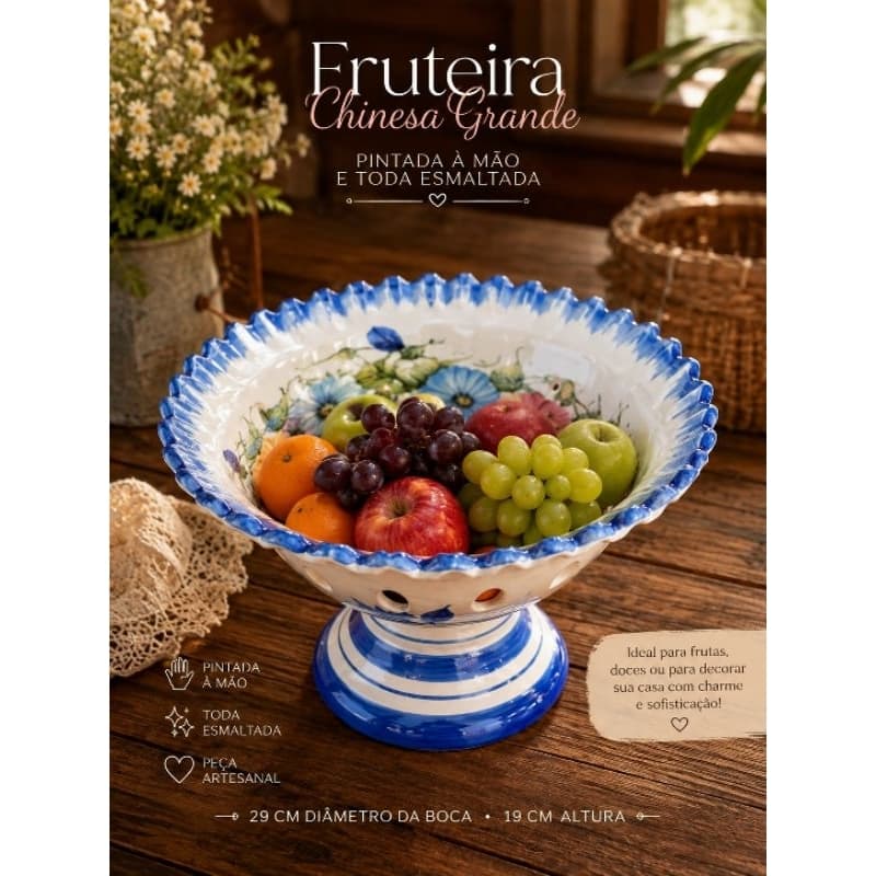 Fruteira Chinesa Grande Decorativa – Cerâmica Esmaltada com Pintura Feita à Mão