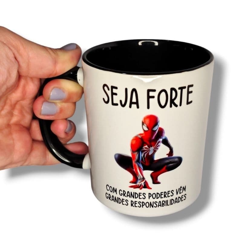 Caneca Seja Forte | Homem Aranha | Com grandes poderes vêm grandes responsabilidades | Cerâmica 325ml