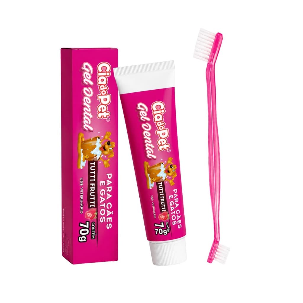 Kit Escova de Dentes Dupla e Gel Creme Dental Cia do Pet para Cães Gatos Cachorro Previne Mau Hálito