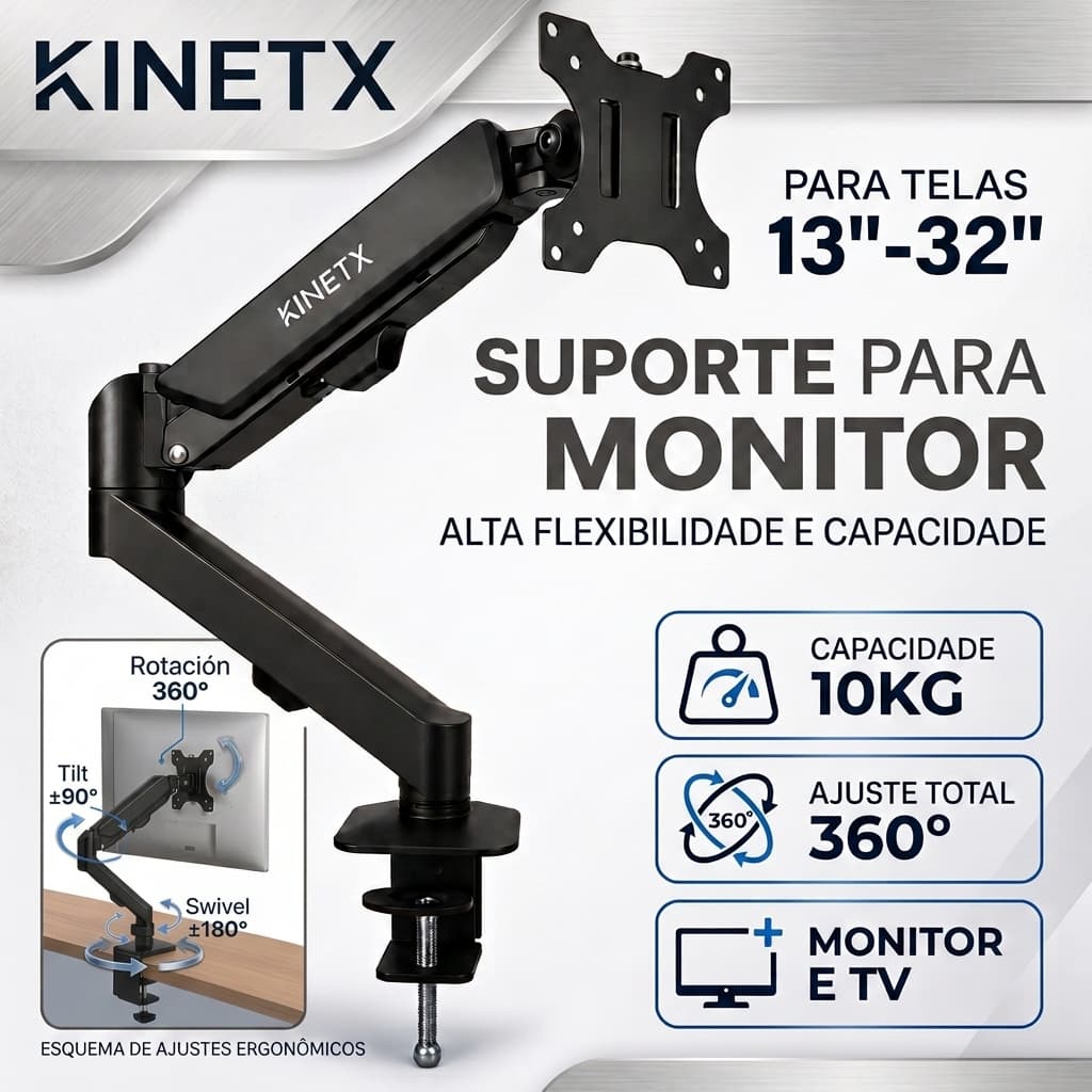 Suporte Articulado para Monitor e TV 13" a 32" com Pistão a Gás Ajustável Universal Giratório Inclinável Compatível