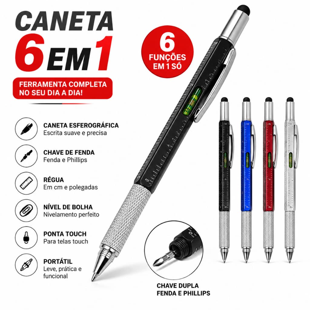 Caneta Esferográfica Multifuncional 6 em 1 com Régua Chave de Fenda Nível Bolha e Stylus Papelaria