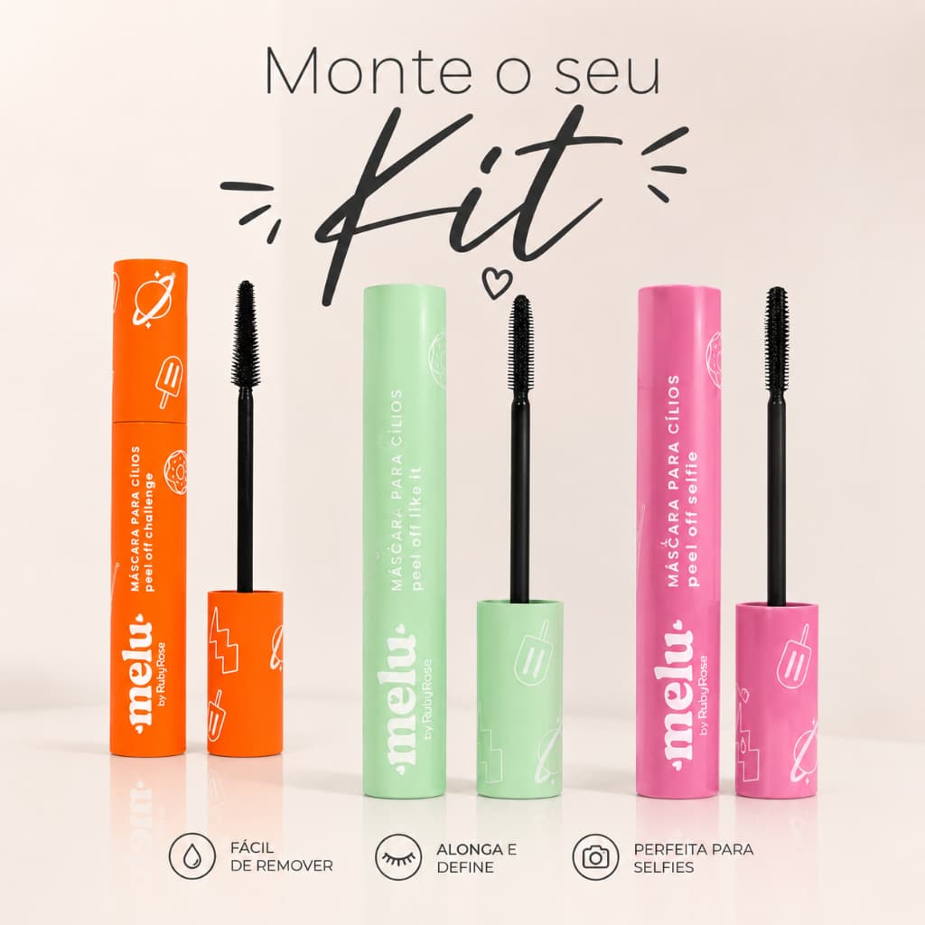 Kit 2 ou 3 Máscara de Cílios Melu Ruby Rose Peel Off à Prova D'Água Alongadora e Definidora | Monte Seu Kit