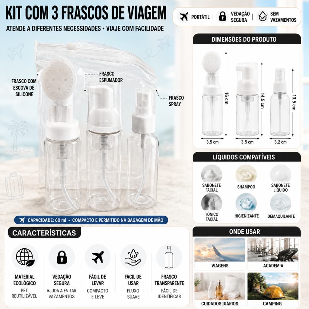 Kit com 3 Frascos de Viagem de 60 ml com Névoa, Espuma e Escova de Silicone