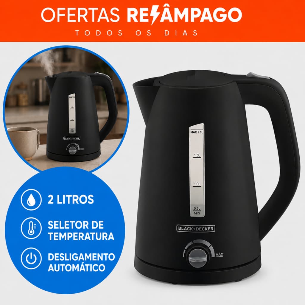 Chaleira Elétrica Black+Decker K2200 2L – Seletor de Temperatura + Desligamento Automático