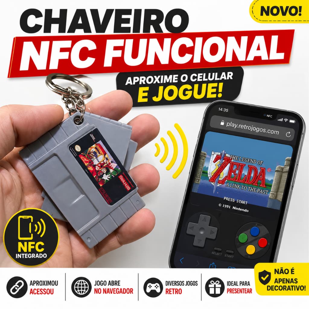 Chaveiro NFC Funcional Cartucho Retrô – Aproxime o Celular e Jogue – Estilo retro e nostálgico