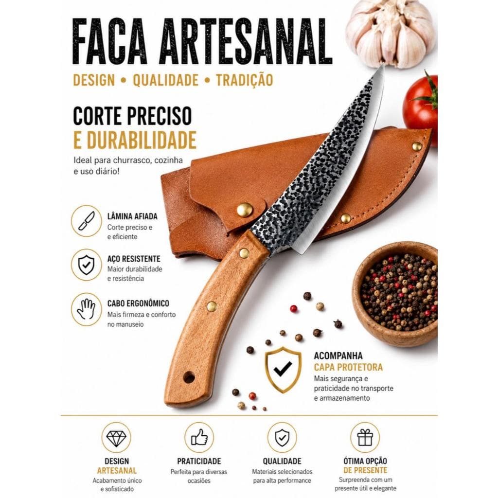Faca Artesanal de Cozinha Churrasco Desossa Forjada à mão Faca Artesanal