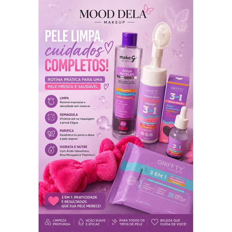 skincare limpeza facial | Água Micelar + Mousse + Sérum + Lenços + Faixa | Kit Skincare