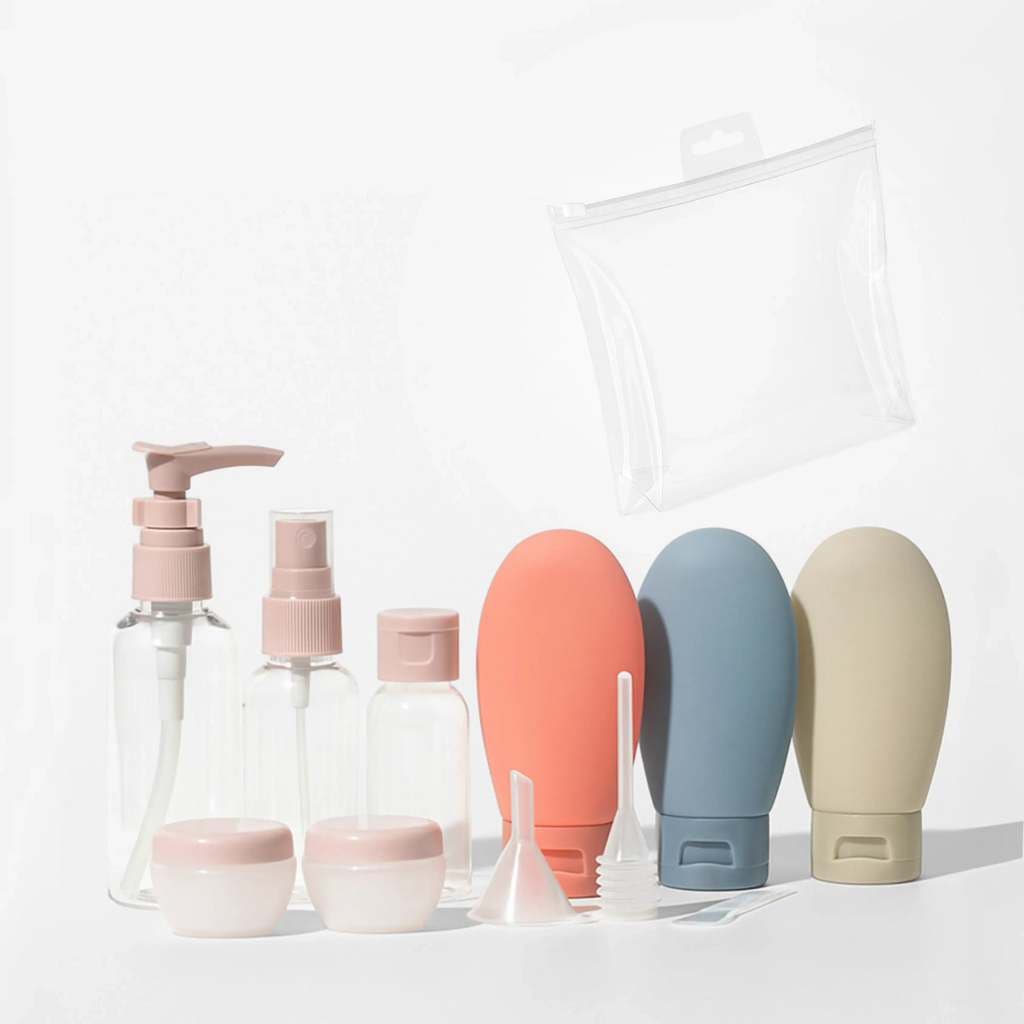 Kit Frascos de Viagem 11 Peças com Necessaire Silicone Reutilizável para Shampoo Creme Cosméticos e Higiene