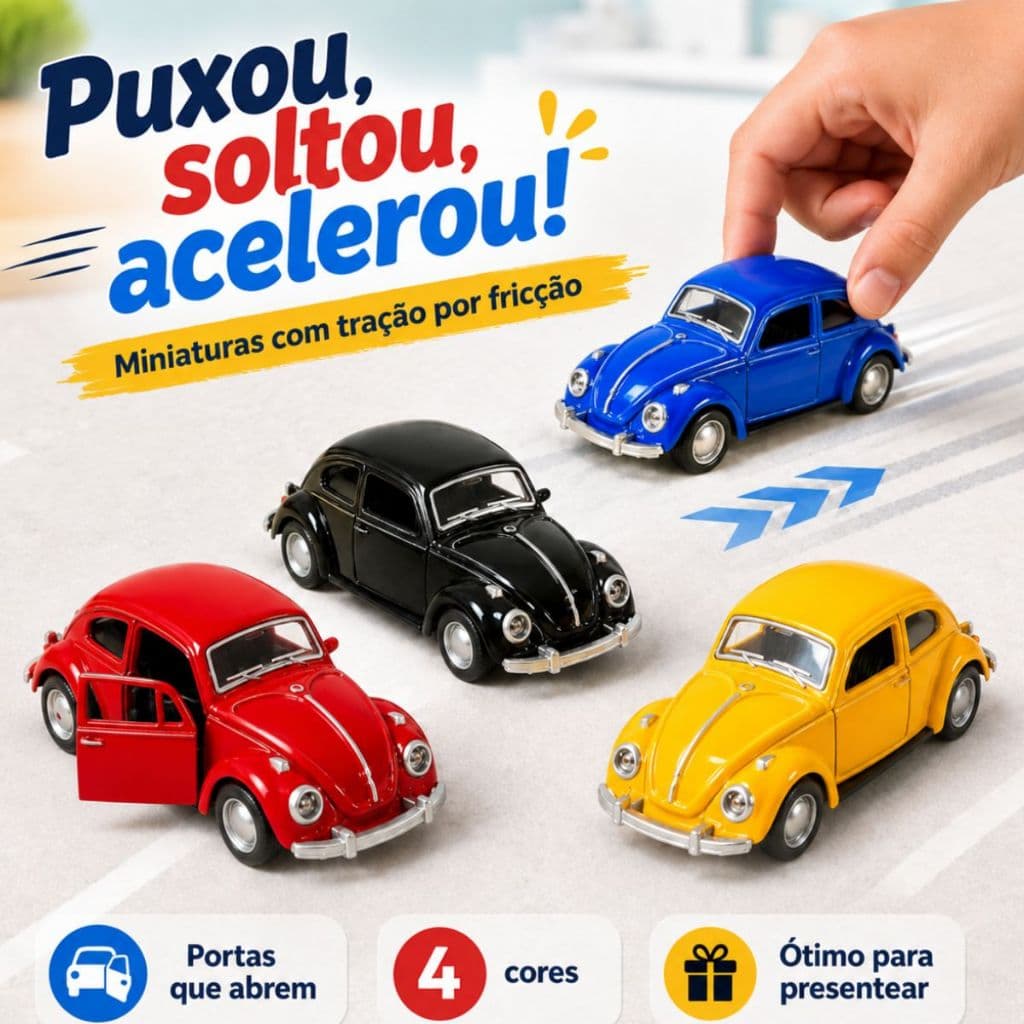 Kit 4 Fusca Miniatura De Metal Ferro Carrinho Coleção Fusquinha Fricção Abre Portas