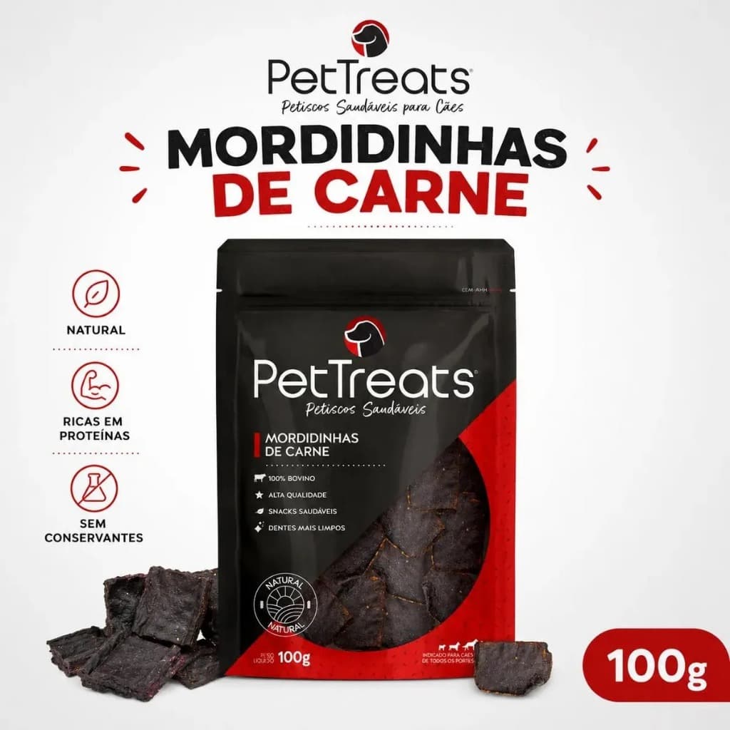 Petisco Natural Carne desidratada para Cães Pet Treats Mordidinhas De Carne 100g