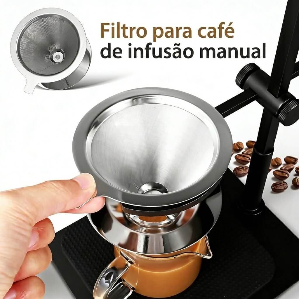 Coador de Café Reutilizável em Aço Inox com Rede Dupla Filtro Cônico para Cozinha e Xícara(Camada Dupla)