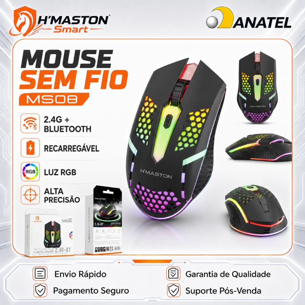 H'Maston MS08 Mouse Sem Fio Para Notebook Mouse Gamer Sem Fio Mouse Sem Fio Recarregável Mouse Sem Fio Gamer