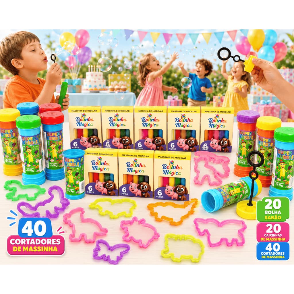 20 Cx Massinha de Modelar + 20 Bolha de Sabao + 40 Cortador Kit Festa Aniversario Prenda Lembracinha