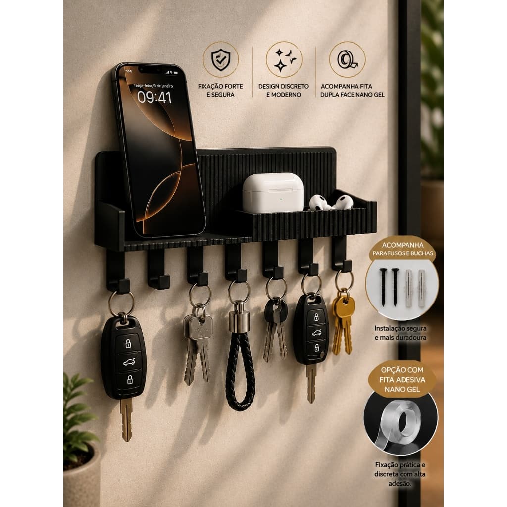 Porta Chaves Parede Organizador 7 Ganchos Prateleira Celular