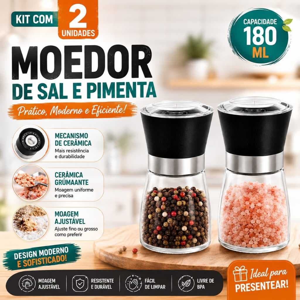 Kit Com 2 Moedores de Sal Pimenta De Vidro Resistente Porta Temperos Moderno Moedor Sal Pimenta