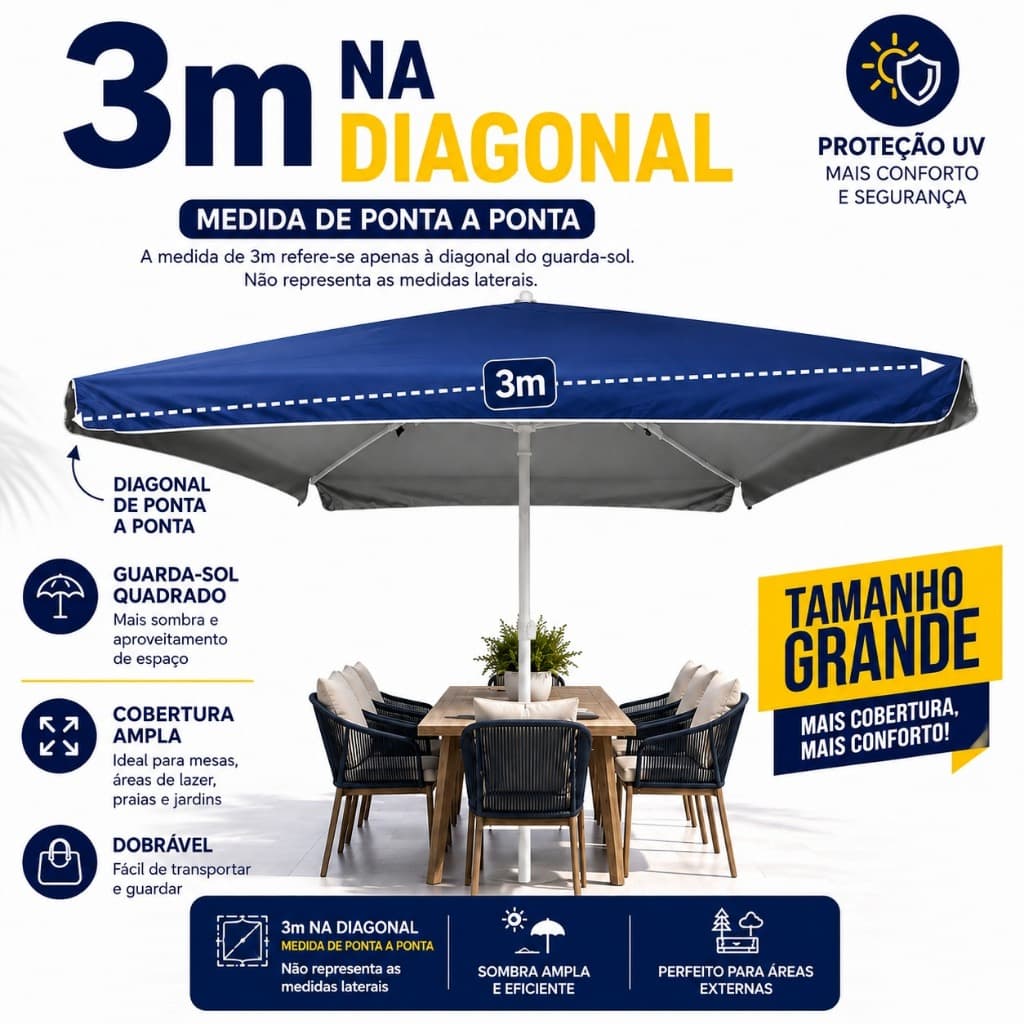Guarda Sol Quadrado Gigante 3M Aberto Reforçado Contra Uv Para Praia  3X3M