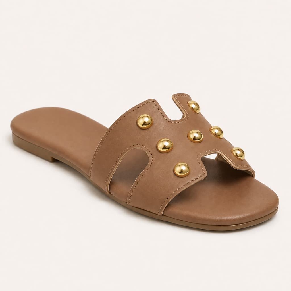 Sandália Rasteira Rasteirinha Feminina H Caramelo Aplique Dourado Flat Rasteira Slide Casual Dia a Dia