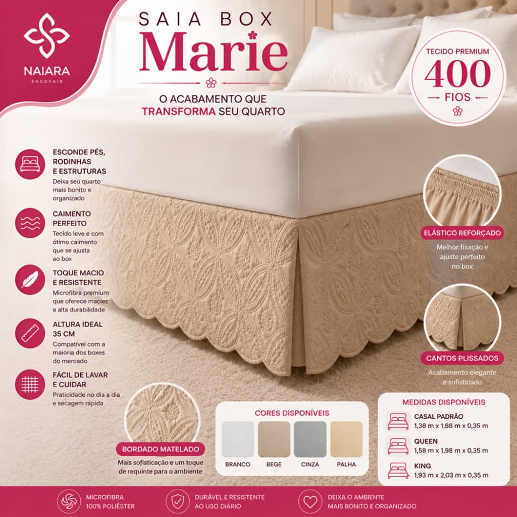 Saia Box Marie Micropercal 400 Fios Casal, Queen e King Cama Box Decorativa Deixa Quarto Sofisticado