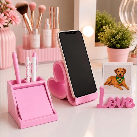Kit Organizador de Mesa Escritório 3 Peças Porta Caneta Suporte Celular Porta Post it Home Office e Penteadeira