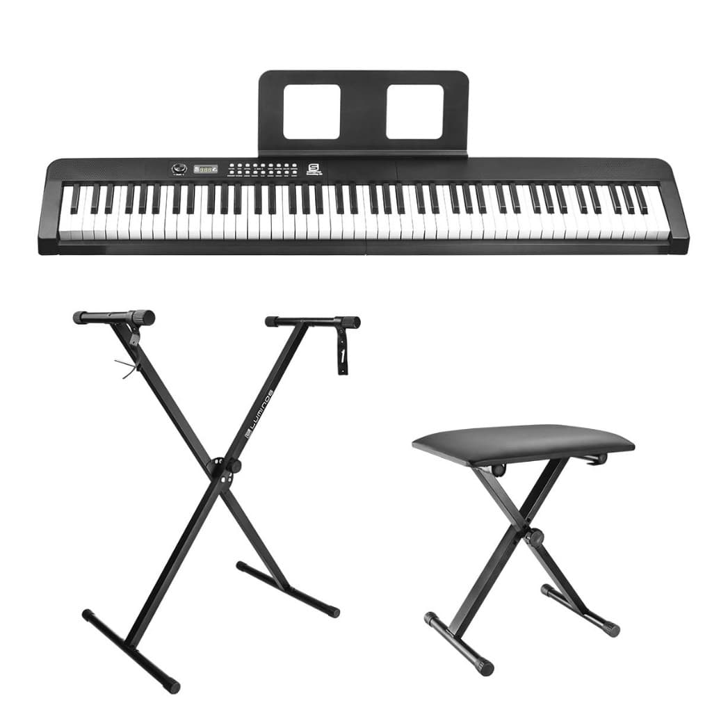 Kit Piano Digital GrandKey 88 Sonoros Com Suporte Regulável E Banco Em X Luminos