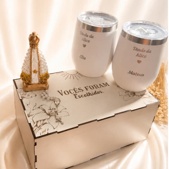 Kit convite Padrinhos caixa Branca MDF - Copos térmicos e Nossa Senhora