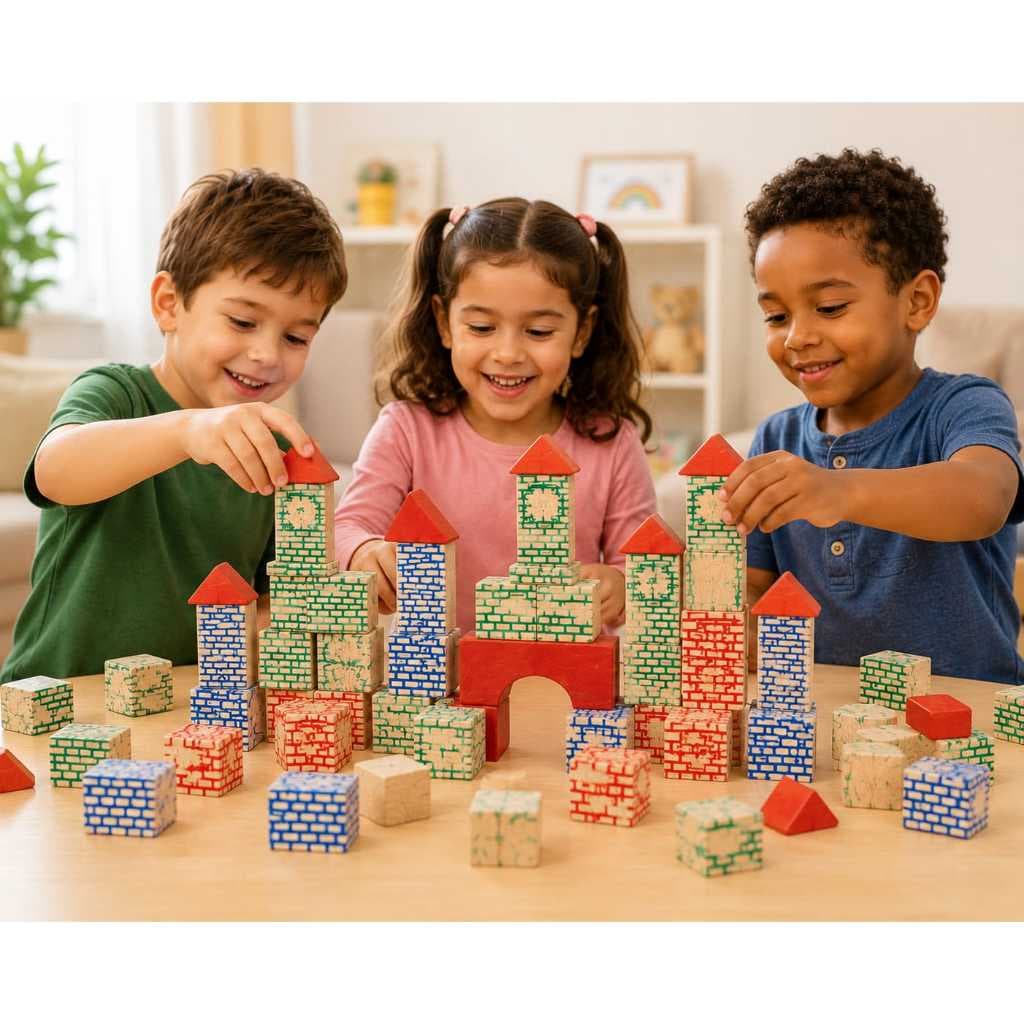 Blocos de Montar Infantil Brincando de Engenheiro Castelinho de Madeira Brinquedo Educativo Dia das Crianças 45 Pç