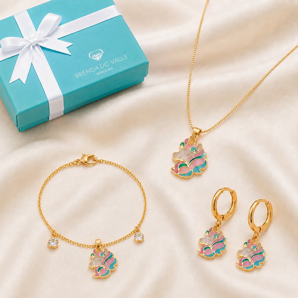 Conjunto Infantil Unicórnio Colar Pulseira e Brinco Banhado a Ouro 18K Antialérgico