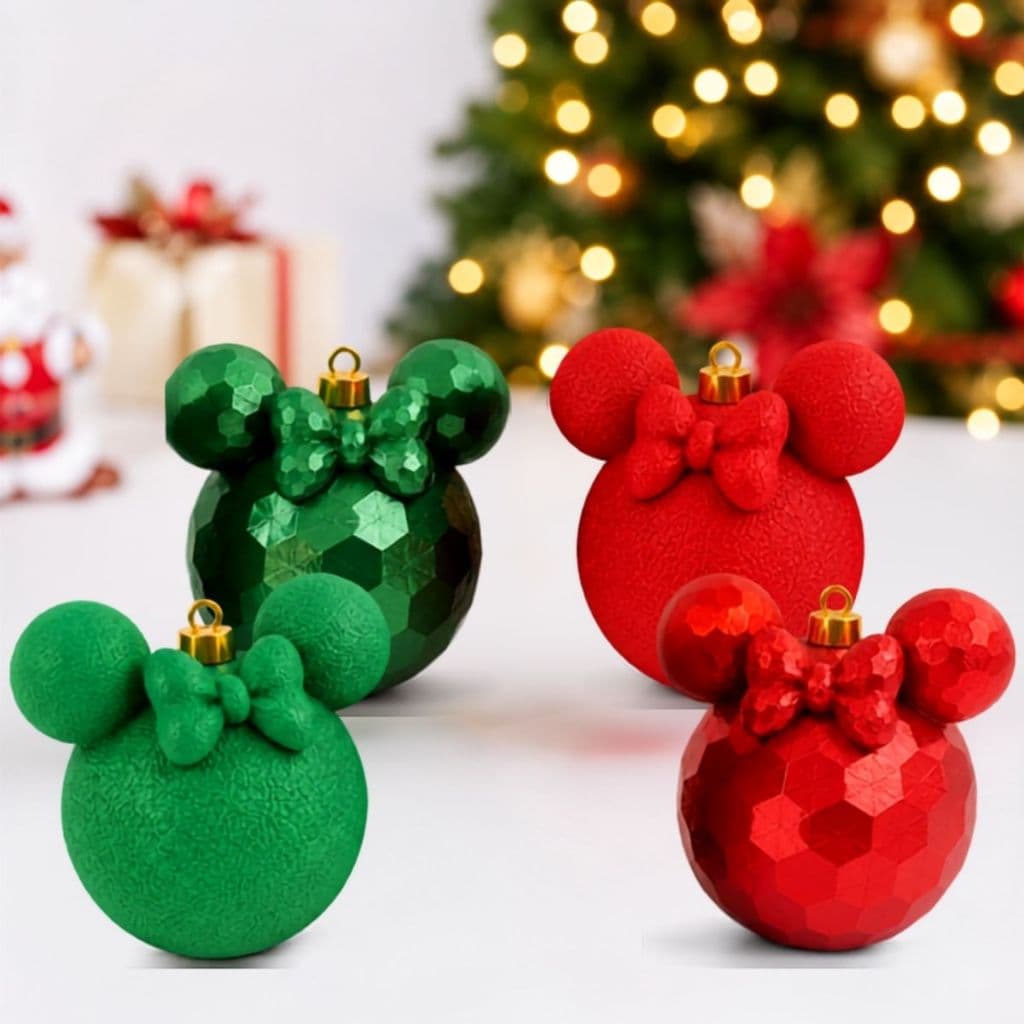 Bola de Natal Luxo Diferente Mickey e Minie Vermelha Verde Kit 4 Unid Enfeite para Arvore Mesa 8cm 2026