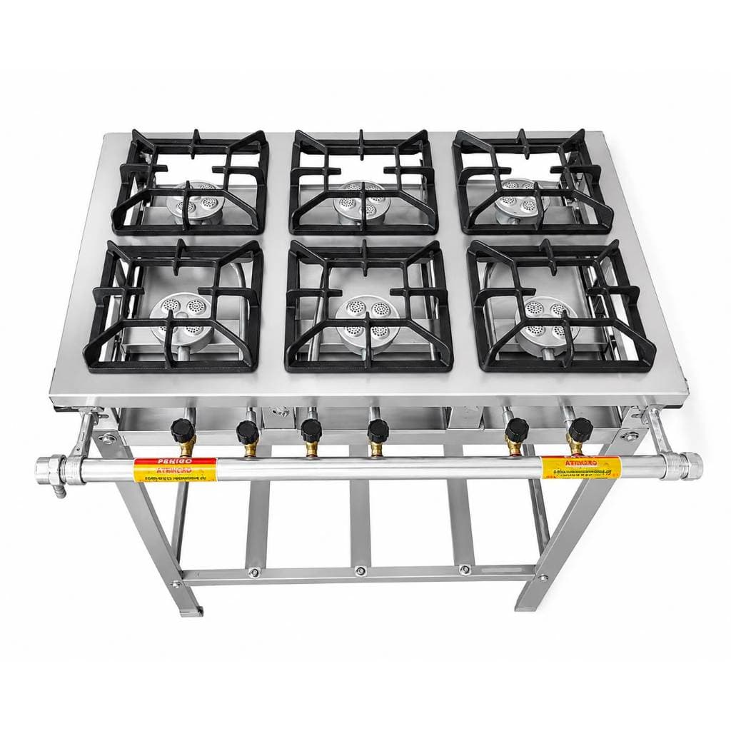 Fogão 6 Bocas Alta Pressão Aço inox Grelha Ferro Fundido 20x20 A Gás Botijão Semi Industrial