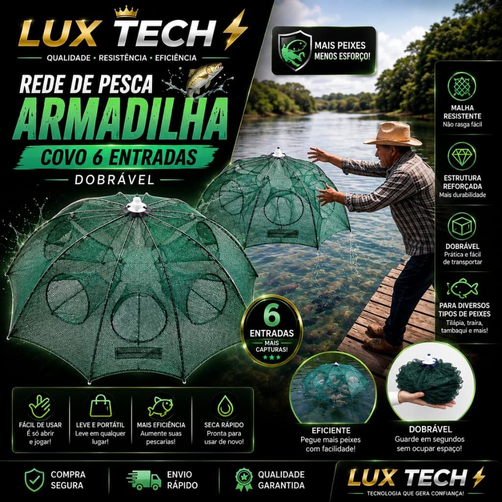 Rede de Pesca Armadilha Covo 6 Entradas Dobrável Peixe