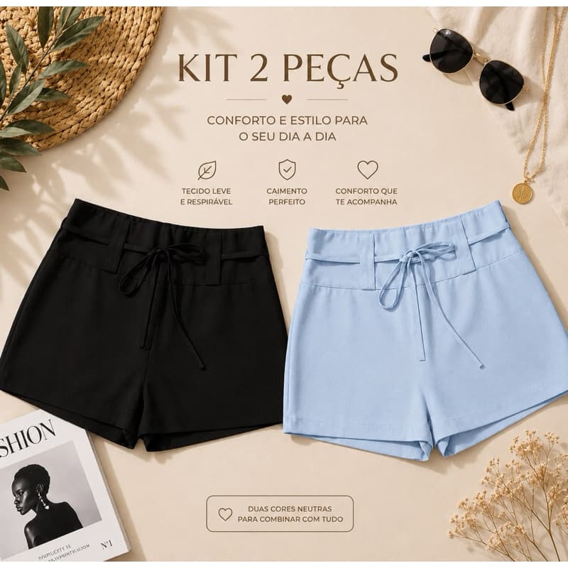 Kit 2 Shorts Feminino Alfaiataria Cintura Alta Casual Elegante
