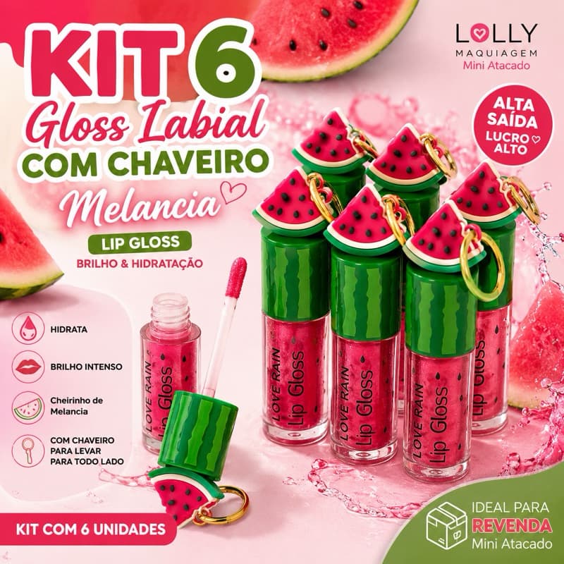 Kit 6 Gloss Labial com Chaveiro Melancia Lip Gloss Brilho Labial Hidratante Atacado para Revenda